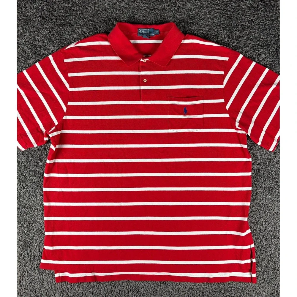 Lot of 2 Polo Ralph Lauren Mens 2XB Big Striped Pocket Polo Shirts Red Green
